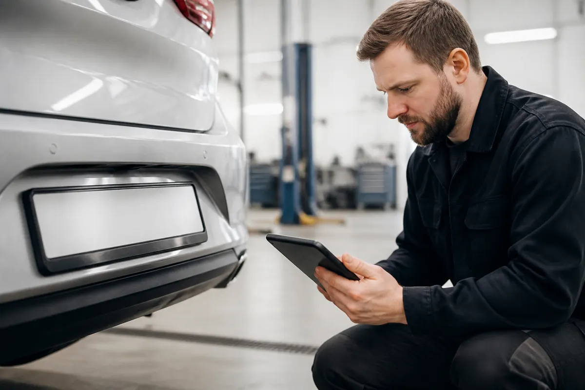 Workshop tablet beside a vehicle